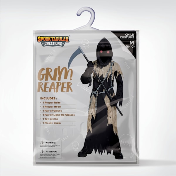 Lasten Grim Reaper -asu, pelottavat silmät, poikien asu, Halloween-asu, pelottava, aavemainen Grim Reaper -asu - XL