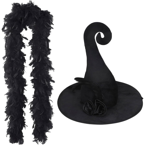 Black Witch Hat & Feather Boas Set, Girl Women Halloween Costume Wizard Hat Gothic Bucket Cap Cosplay Prop Accessory Carnival Concert Party Fancy Dress