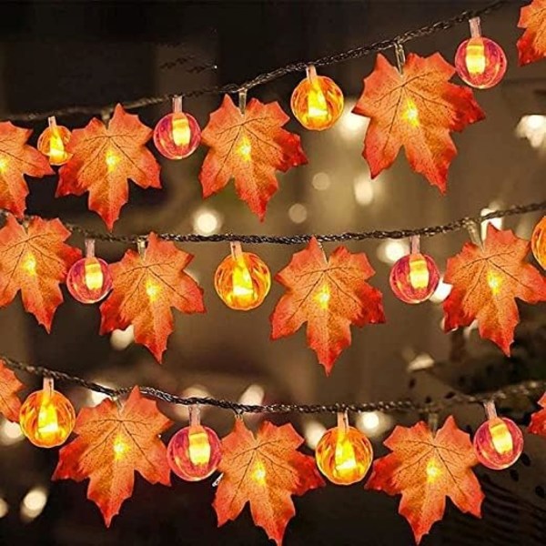 Lönnlöv Pumpa Ljus, 3M 20 LED Höst Dekorationsljus Höstlöv Sträng för Thanksgiving, Juldekoration Maple Leaf