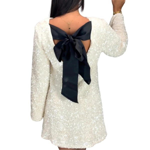 Women's Sequin Bandage Dress Long Sleeve Night Club Dress Festival Dress Shining Sequin Dress With Bow Mini Dress White White