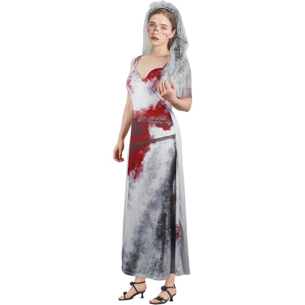 Zombie brudekostume til damer, Halloween fancy outfit spøgelses krop kjole blodig kostume S