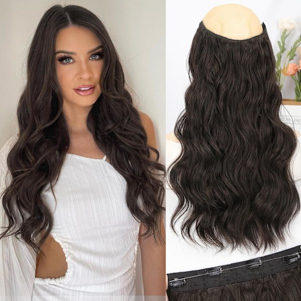 Invisible Wire Hair Extensions Long Wavy Transparent Wire Hairpiece for Women Adjustable Size 4 Secure Clips 20 Inch Dark Brown