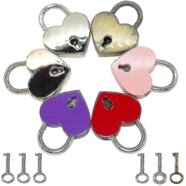 6st litet vintage metall hjärtformat hänglås minilås med nycklar, olika färger (normal storlek)