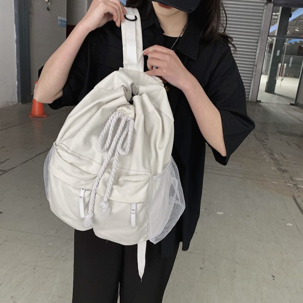 Japansk stil Chic Style Ryggsäck Bag Original Nisch Stor Kapacitet Canvas Dragsko Par Student Ryggsäck Trendig Herr Vit
