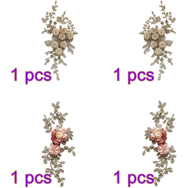 4 stk blonder med blomstapplikasjon, 3D blomsterbrodert blonderstoff, blonderblomstapplikasjon, sy på lapper for klær, brudekjole, DIY-dekorasjon 4 delar 4 delar