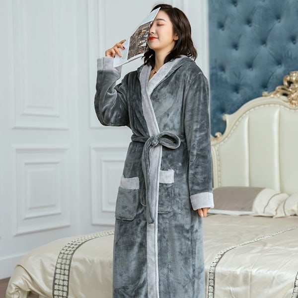 Extended dressing gown ladies winter flannel Thick bathrobe Coral Fleece Pajamas women grey