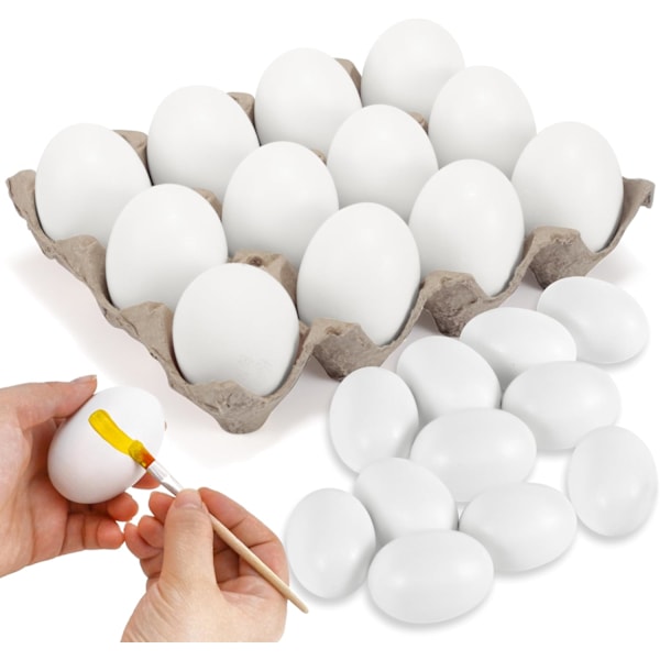 18 Pcs Easter Eggs for DIY Arts Crafts and Easter Decorations, Unpainted Fake White Wooden Eggs for Drawing Painting Easter Egg Hunt Baskets Filler