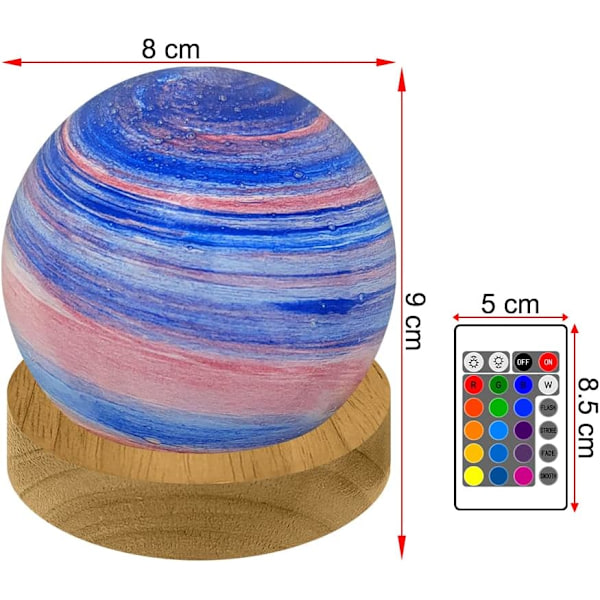 3D LED Planetlampa, Dimbar Nattlampa med RGB-Färger, Träbas för Sovrumsdekoration (8cm) Svart Svart