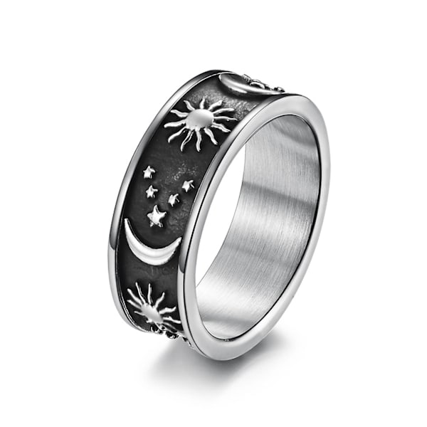 Unisex Ring Stjerne Måne Sol Dekoration Mænd Kvinder Udsøgt Rund Boheme Ring Til Bryllup Sort og Sølv Black and Silver US 6