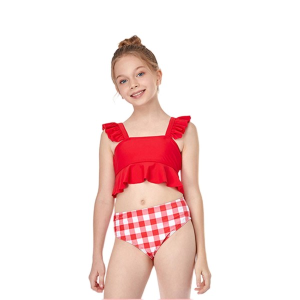 Nya Barn Flickor Badkläder Volang Cropped Toppar Rutiga Trosor Bikini Set Sommar Baddräkt Röd 8x10 år