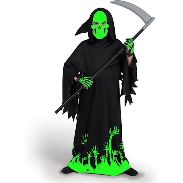 Sensenmann Grim Reaper Barnkostym för Barn, Deluxe Glow in The Dark Phantom Barnkostym Large ( 10- 12 yrs)