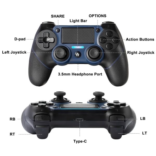 PS4-kontrollerbyte, programmerbar funktion med 6-axlig gyrosensor, halkfri joystick med dubbla vibrationer, ljudfunktion med 3,5 mm uttag a 1 mörkblå