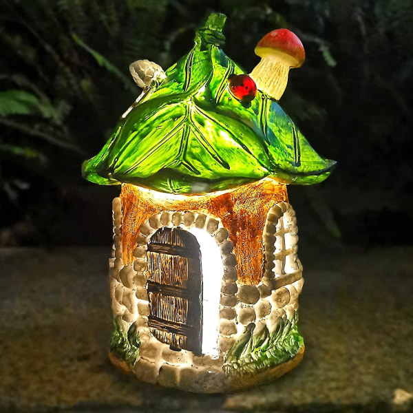 Fairy Garden Staty House Figurine, Lovely Lila Blommor Trädhus med Solar LED-lampor För Inomhus Utomhus Uteplats Yard Gräsmatta Prydnader Gåva (grön Wi