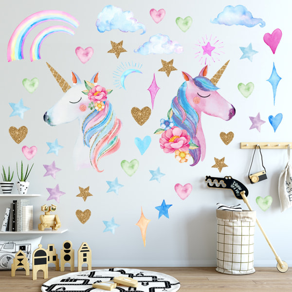 3 unicorn wallstickers, stor regnb?ge unicorn star heart wall de