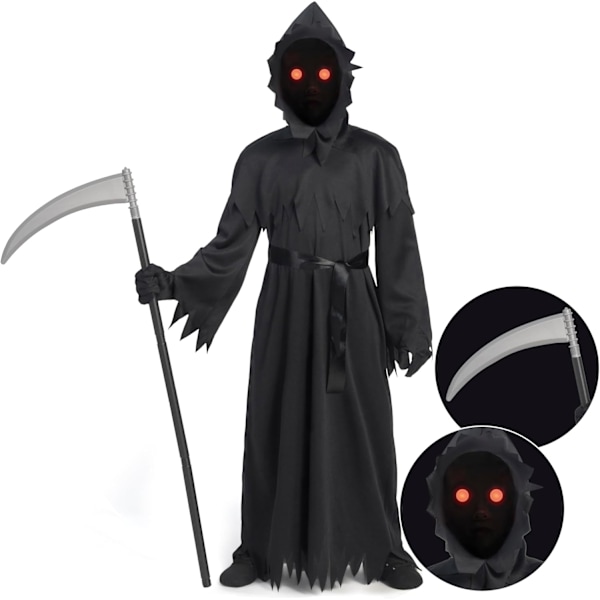 Kids Unisex Black Grim Reaper Costume Scary Phantom Costume With Gloves Scythe Light Up Glasses For Boys Halloween Dress Up Role Play