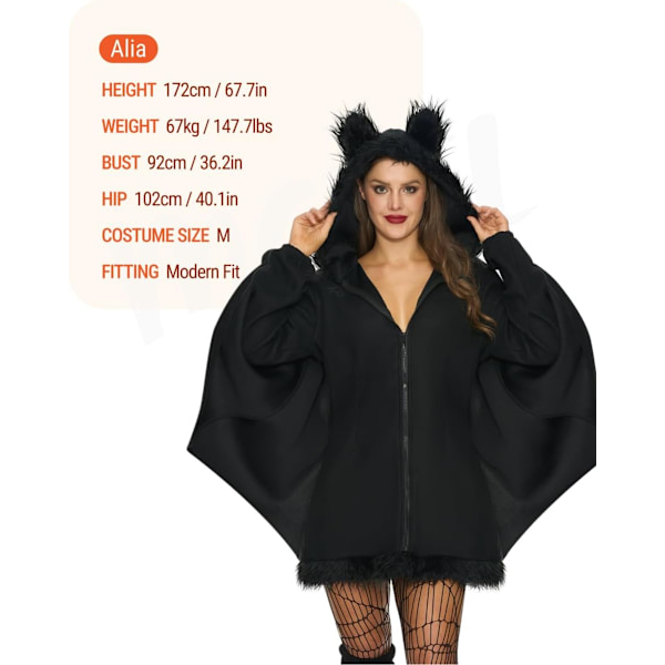 Womens Black Bat Hoodie Zipper Halloween Costumes For Adults S