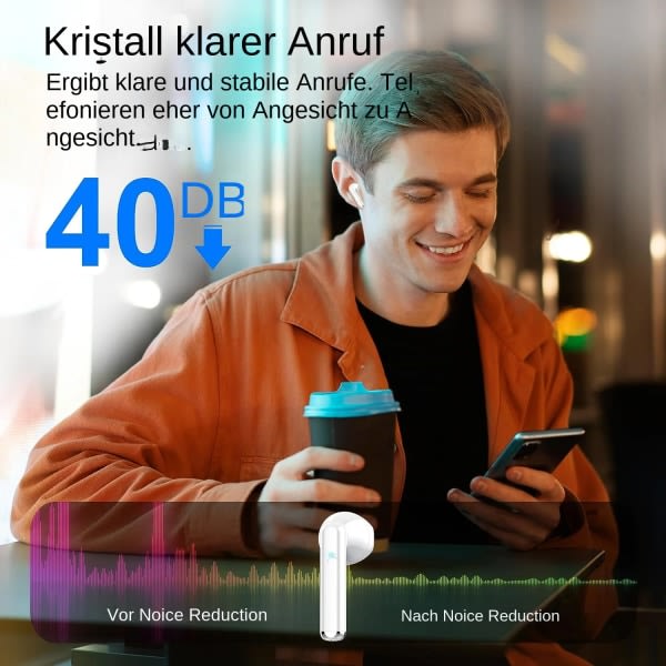 Trådlösa hörlurar, Bluetooth 5.3-hörlurar HiFi stereo med brusreducerande mikrofon för klara samtal 30 timmars speltid Touch Control Trådlösa hörlurar Vit