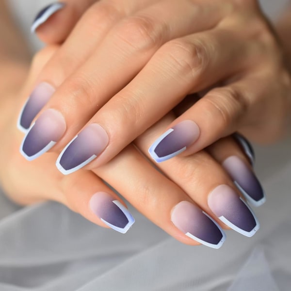 Matte Press On Nails Coffin Pre Designed Medium Length Gradient Fake Nails Set Ombre Nude Purple Fingernail Reusable French Tips