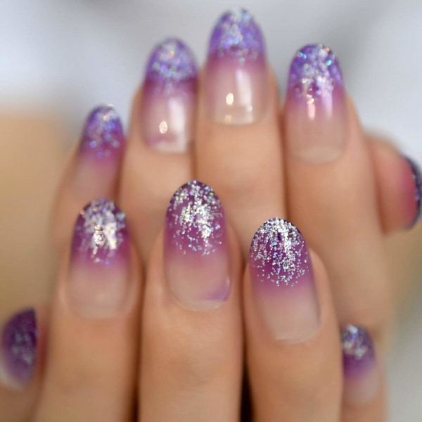 Hurmaavat violetit tekonkynnet Bling Glitter Ombre Oval Clear Gel Nails Designed Nail Art Tips 24 kpl