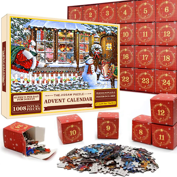 Luova adventtikalenteri 24 laatikkoa Paper Puzzle Surprise Blind Box Punainen lahja Souvenir Joulu Countdown 1008 pieces   43