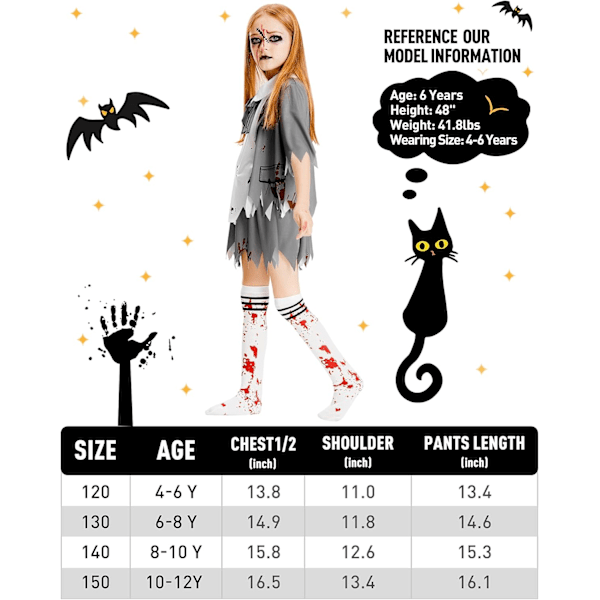 Zombie-asu Halloweeniin, tytöille pojille naisille cheerleaderille lukiolaiselle vankilamiehelle morsiamelle sairaanhoitajalle isoille lapsille fantasia-asu studenter flickor 6-8 jaar