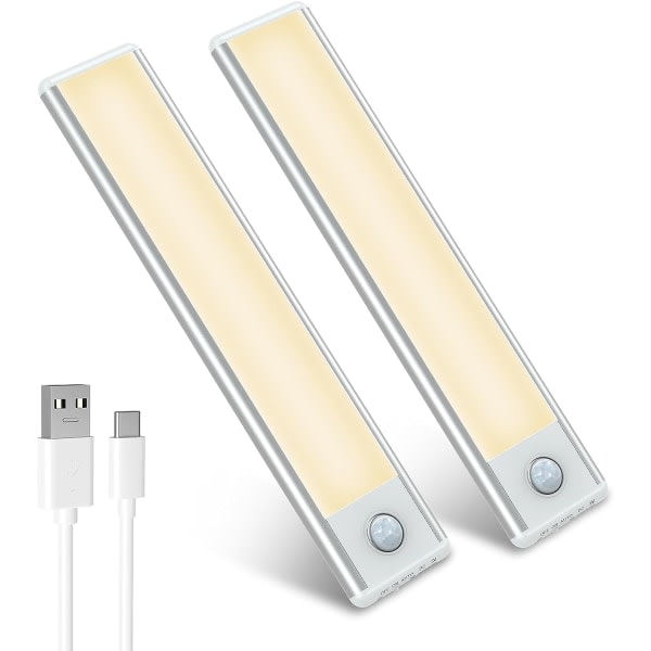 Nyaste r?relsesensor sk?plampa, 2-pack 30-LED tr?dl?s USB uppladdningsbar belysning under b?nksk?p, lampor under sk?p (varm vita)