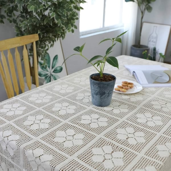 Rustik handgjord virkad blommig bordsduk Dekorativ blomma cover f?rk?ket Dining Br?llopsfest dekoration (beige, 55"x79")