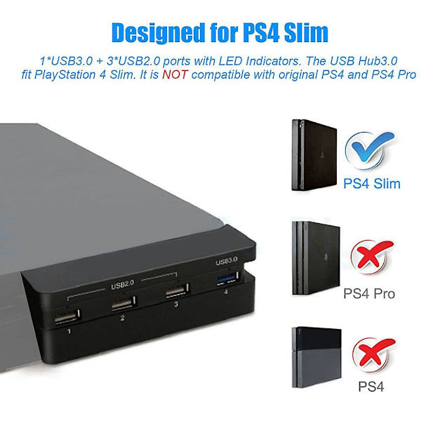 USB Hub til PS4 Slim 4 Port USB Oplader Dock Adapter (1USB 3.0, 3USB 2.0) med LED-indikator til PlayStation 4 Slim