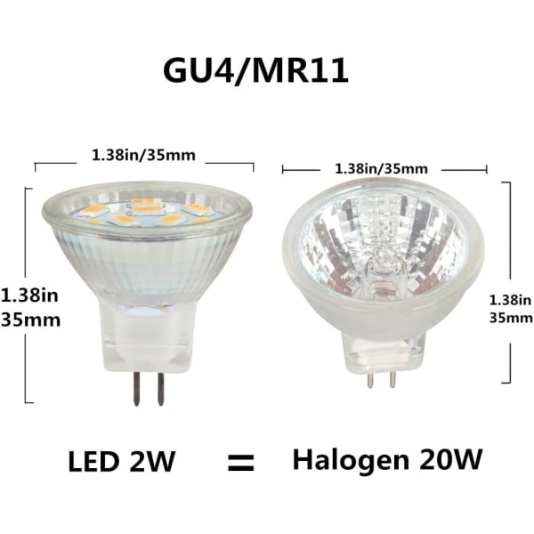 LED MR11 Pærer 2W 12V, GU4 Varm Hvid 3000K, 20W Halogenækvivalent, MR11 G4/GU4.0 LED Pære (Pakke med 4)