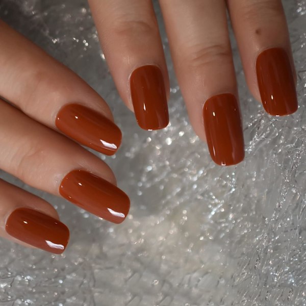 Fuld dækning gel falske negle medium længde Squoval Grapefruit Tryk på negle Solid Color Glossy Kunstige Akryl negle Kit