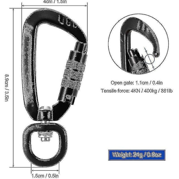 2 stk. Swivel Karabinkrok, 360 roterbar Spinner Karabinkrok Liten Autolåsende Karabinkrok 4kn(svart C-FCY