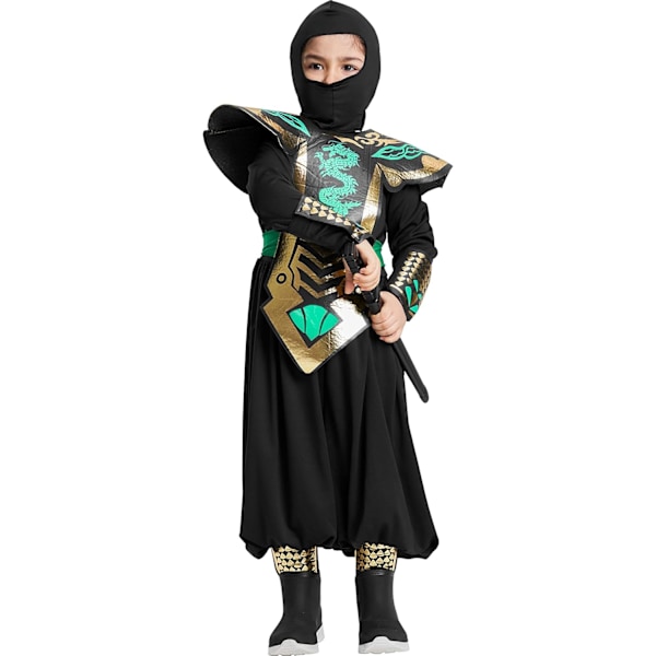 Ninja-kostym för pojkar Halloween Samurai-kostym Kostym Svart Rollspelskostym med skumväst Grön 7-8 ans