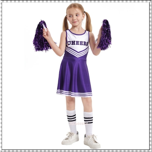 Jente Cheerleading-kostymer for barnehage, små jenter, cheerleading-uniformer, sceneopptreden, skolecheerleading-kostymer 紫色啦啦花球袜 身高110cm