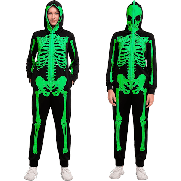 Unisex Skelet Onesie Pyjamas Plys Skelet Jumpsuit Lynlås Halloween Hoodie Pyjamas til Voksne Nattøj Kostume gRÖN M