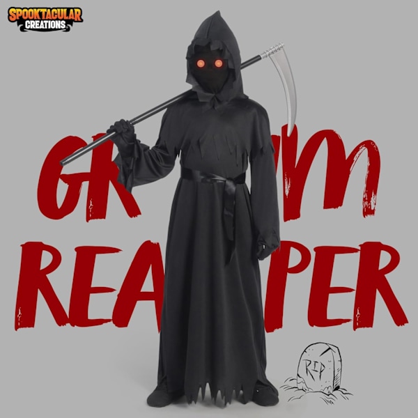 Barn Unisex Svart Grim Reaper Kostym Läskig Phantom Kostym Med Handskar Lie Skördare Lysande Glasögon För Pojkar Halloween Klä Ut Rollspel Large ( 10- 12 yrs)