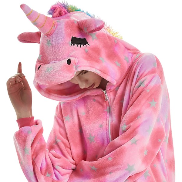 Voksen Unisex Jumpsuits Kostume Dyrekostume Dragt Kick Suit Natkjole Pyjamas Hætte Natbeklædning Cosplay Tegneserie Kigurumi Karneval Jul Halloween A-rosa enhörning L