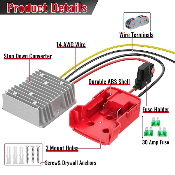 18V til 12V Konverter for Batteriadapter, DC 12V 20A 240W Buck Konverter Regulator