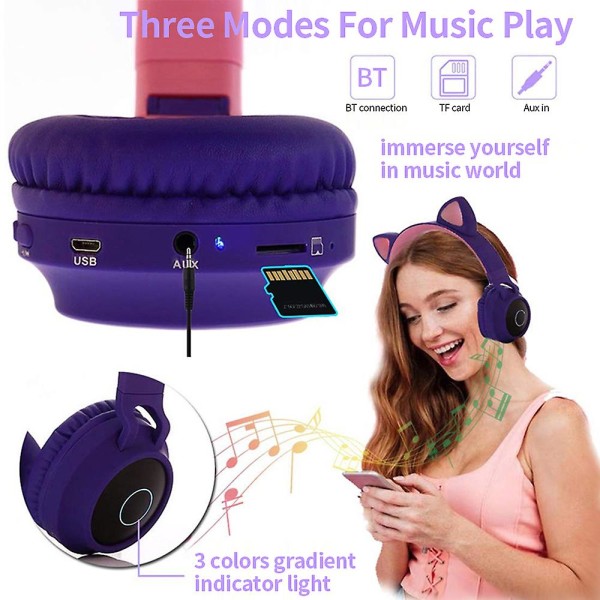 Led Cat Ear Trådlöst Headset Rgb 3-färgslampor Brusreducerande Bt 5.0 hopfällbara hörlurar Tf-kort/radio 3,5 mm plugg Lila+rosa Lila&rosa