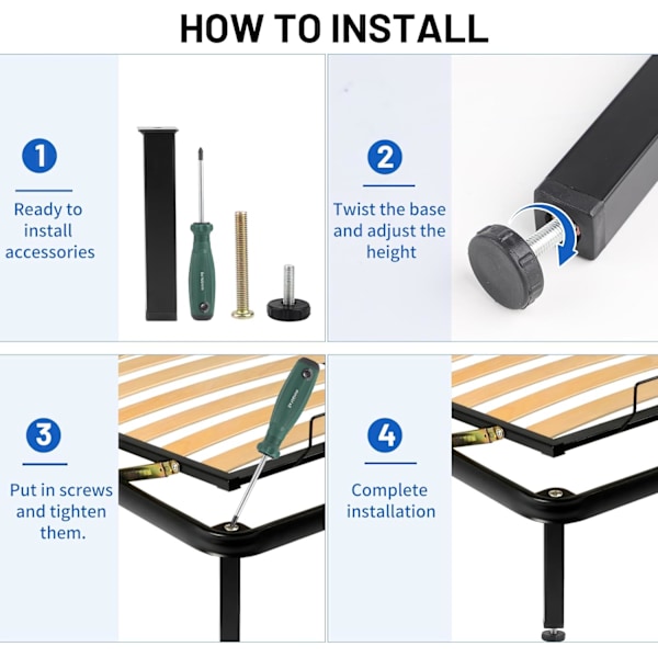30 cm säädettävät mustat neliömäiset metalliset sängynjalat - 4 kpl kiinnitysruuveilla st – 30 cm