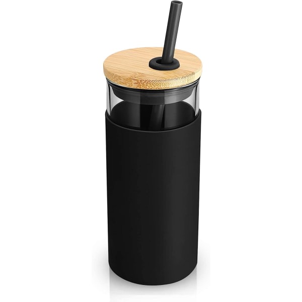 20 oz glasglas glas vattenflaska halm silikon skyddshylsa bambu lås - BPA fri - svart