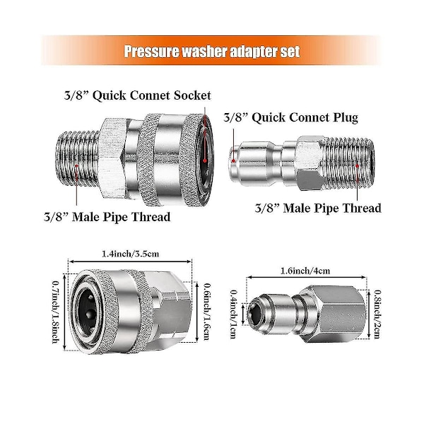 8 stk Npt 3/8 tommers rustfritt stål hann-hunn hurtigkoblingssett trykkvaskeradaptere (innvendig og utvendig gjenge)
