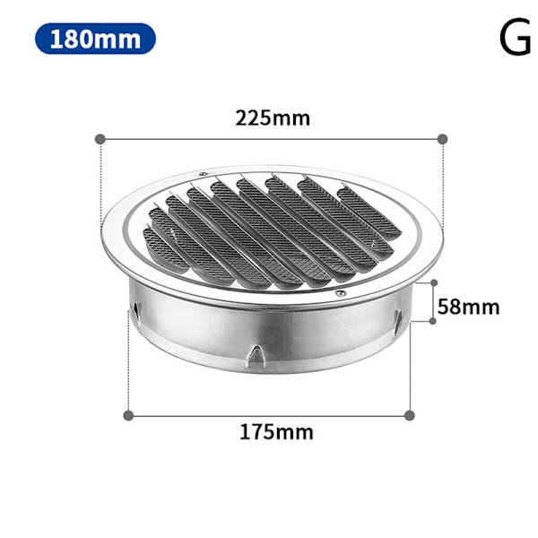 75MM 201 Rostfritt Stål Väggventilationsgaller Exteriör Rund Du 180mm