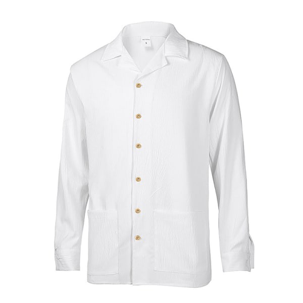 Casual f?rm?n L?ng?rmad strandskjorta med lapelkrage White XL Cherry