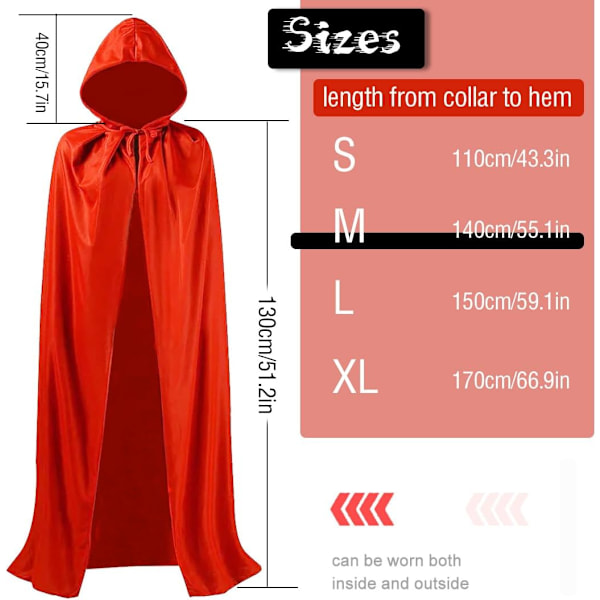 Hættekappe til Halloween Middelalderlig Kappe Rød 140cm Rød Hættetrøje til Kvinder Mænd Voksen Satin Kappe Unisex Til Karneval Halloween Cosplay M