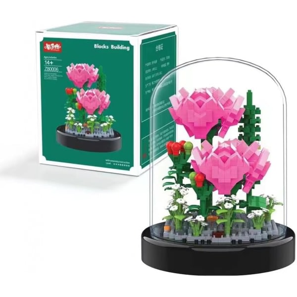 Blombukett set, rosa miniblommor byggklossar, dekorerad blomma med cover och lampor, presenter till mamma Cherry Blossoms Cherry Blossoms