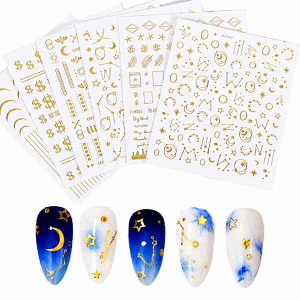 Star Nail Art Stickers Dekaler 3D Guld Sj?lvh?ftande Nageldekaler 6 ark Lyx Nail Art Supplies Metallic Star Moon Pengar