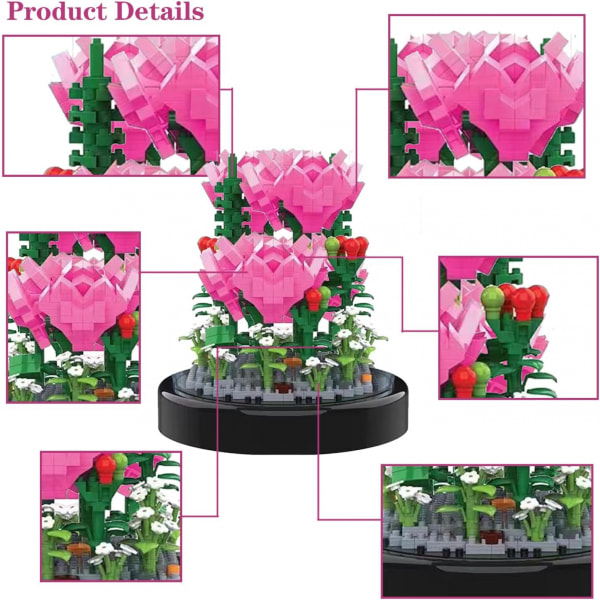 Blombukett set, rosa miniblommor byggklossar, dekorerad blomma med cover och lampor, presenter till mamma Cherry Blossoms Cherry Blossoms