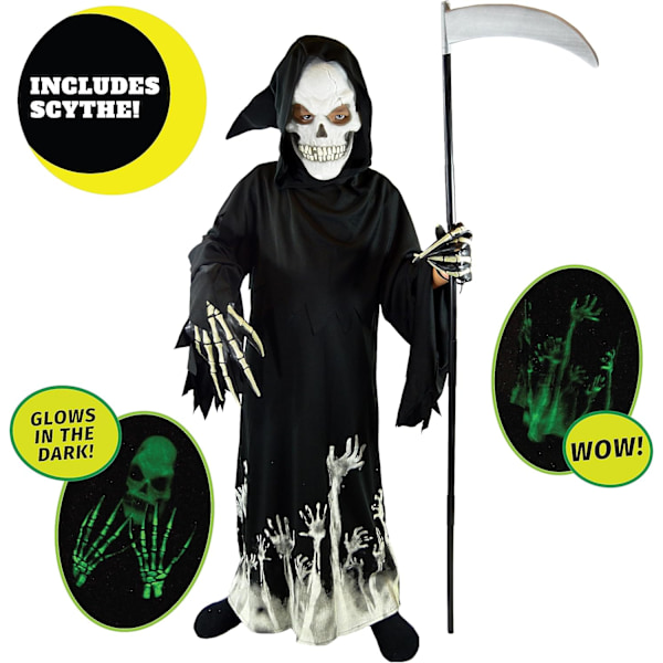 Sensenmann Grim Reaper Barnekostyme, Deluxe Glow in The Dark Phantom Barnekostyme Small ( 5 – 7 yrs)