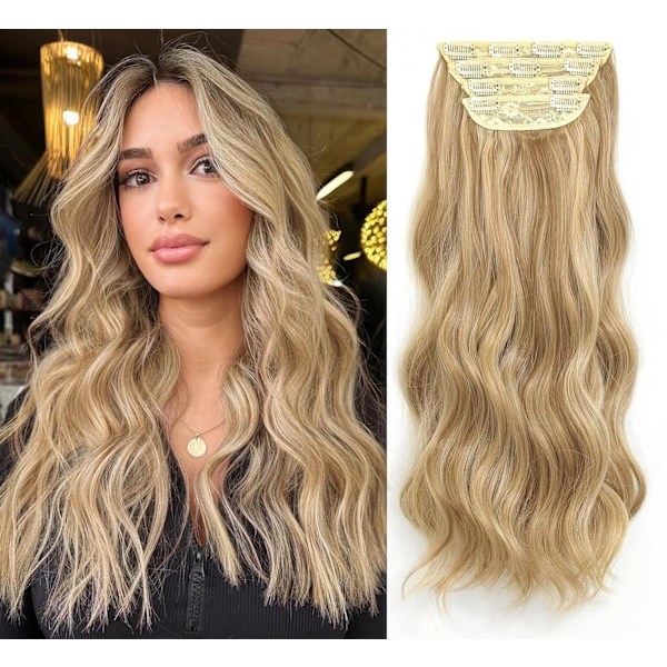 Clip in långt vågigt hårförlängningar 20 tum 4PCS hårförlängningar tjockt långt clip in extensions för kvinnor full huvud (20 tum, ljusbrun mix gyllene blond)