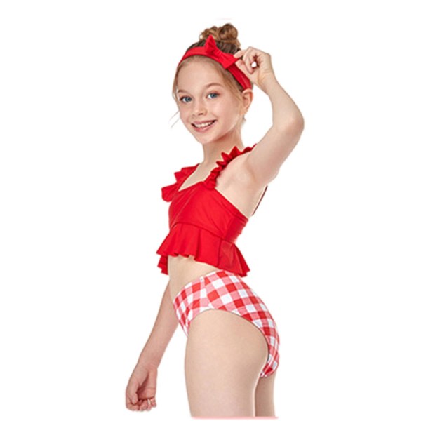 Nya Barn Flickor Badkläder Volang Cropped Toppar Rutiga Trosor Bikini Set Sommar Baddräkt Röd 8x10 år